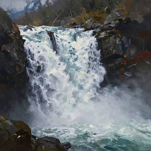 Digital painting of a powerful waterfall cascading over dark, rocky cliffs, with white, frothy water splashing into a misty pool below.
