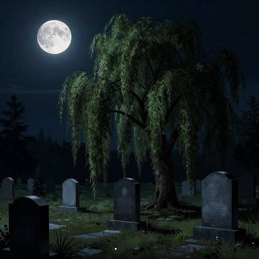 Moonlit Graveyard Under Weeping Willow