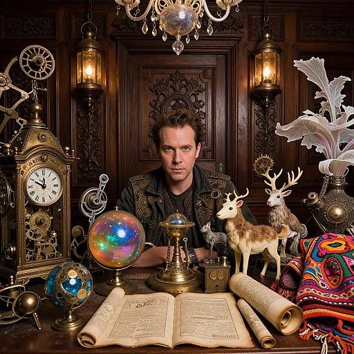 Photograph of a serious man in dark, ornate clothing, surrounded by vintage clock, crystal globe, antlers, lamp, and open book in