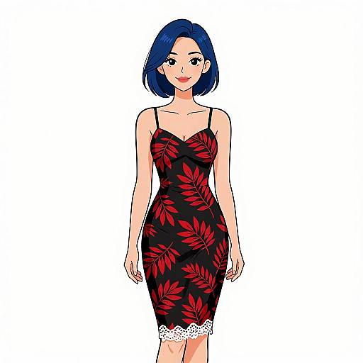 Woman in Black Dress with Red Leaf Print