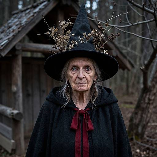 Photograph of an elderly woman with wrinkled skin, wearing a black witch hat adorned with dried branches, and a black cloak with a red ribbon,
