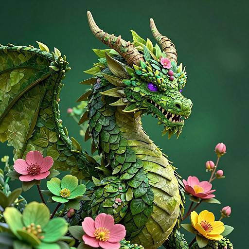 Digital art of a vibrant green dragon adorned with flowers, featuring glowing purple eyes, intricate scales, and lush foliage, set against a dark green background.