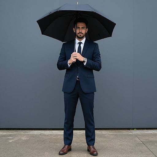 Photograph of a bearded man in a dark blue suit, white shirt, and brown shoes, holding a black umbrella against a gray wall.
