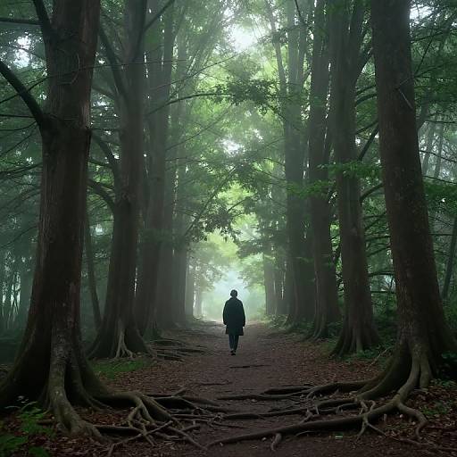 Photograph of a solitary figure walking down a misty forest path, flanked by towering trees with exposed roots, surrounded by dense, green foliage and