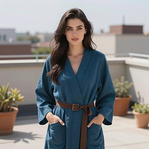 Young Woman in Blue Robe on Rooftop