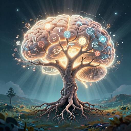Digital artwork of a glowing, thought-filled tree with a brain-like structure, surrounded by symbols and light rays in a night sky.