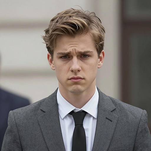 Serious Young Man in Gray Suit