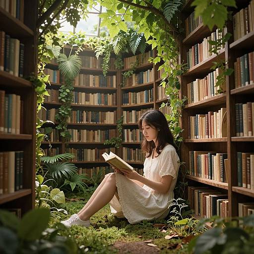 Photograph of a young woman with long dark hair, wearing a white dress, reading a book in a sunlit, lush library. Shelves of