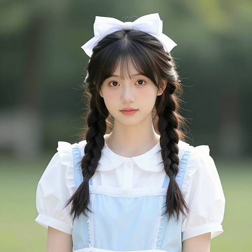 Photograph of an East Asian woman with long black braids, wearing a white dress and large bow, standing in a sunlit, green park.