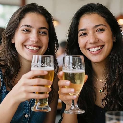 Photograph of two smiling young women with long dark hair, holding glasses of beer, in a brightly lit indoor setting.