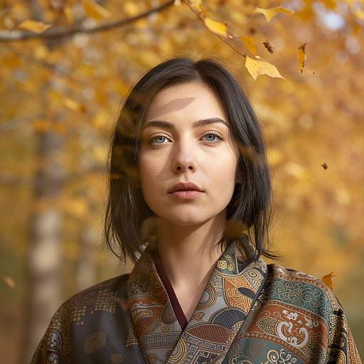 Photograph of a young woman with fair skin, black shoulder-length hair, and green eyes, wearing a patterned autumnal kimono, standing amidst