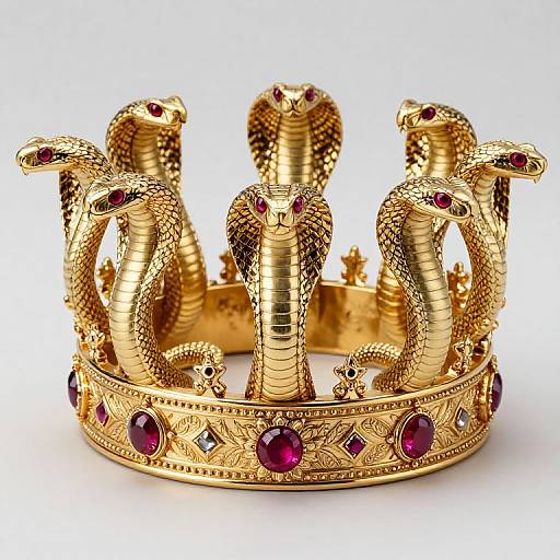 Photograph of a luxurious gold crown adorned with intricate snake motifs and embedded with vibrant red gemstones, set against a white background.