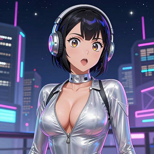 Digital anime-style drawing of a surprised, short-haired woman with large breasts in a shiny silver zip-up top, wearing headphones, against a neon-lit