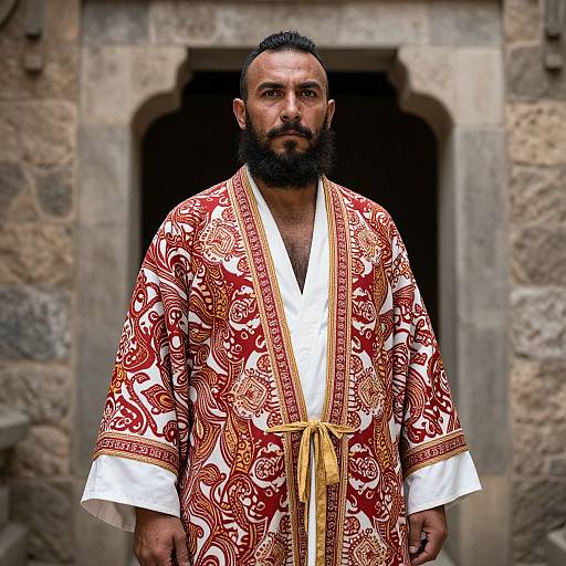 Photograph of a bearded Middle Eastern man with dark hair in an ornate red and gold patterned robe, standing in front of a stone arch