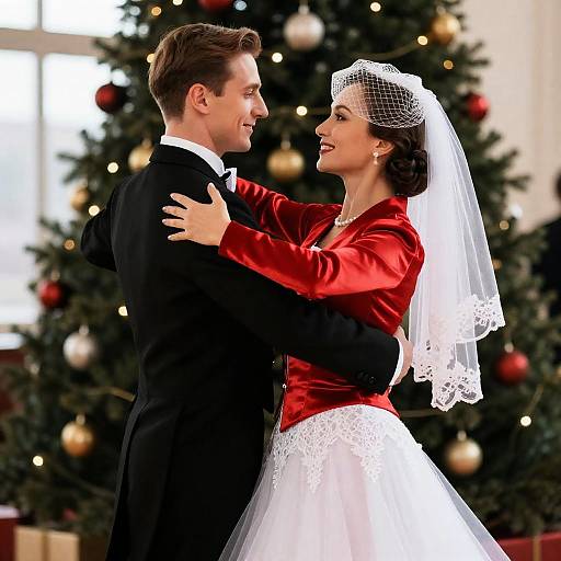 Photograph of a smiling bride in a red satin blouse and white lace dress, dancing with a groom in a black tuxedo, in front of