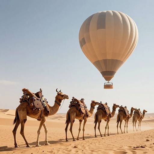 Photograph of a group of camels with riders standing in a desert, with a large, striped hot air balloon floating above. Bright blue sky,
