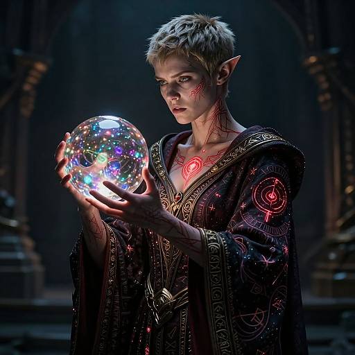 Digital artwork of an elf with short blonde hair, pointed ears, and glowing red markings, holding a crystal orb with colorful lights in a dark, go