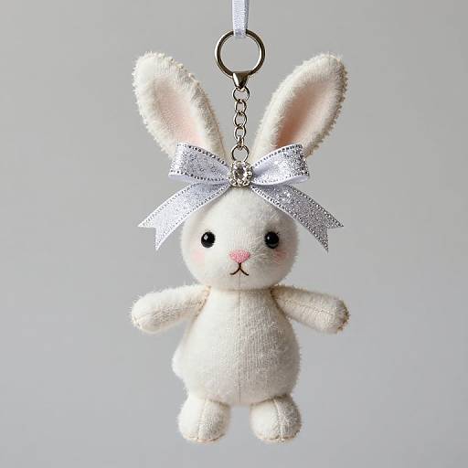 Photograph of a white, plush, stuffed bunny with black eyes and pink nose, wearing a silver lace bow, hanging by a silver ring.