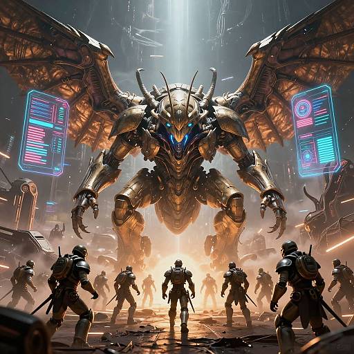 Digital art of a massive, golden, robotic dragon with glowing blue eyes, towering over armored soldiers in a neon-lit, futuristic battlefield.