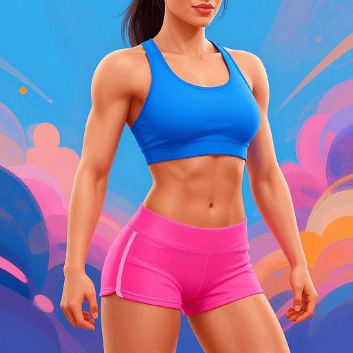 Digital artwork of a muscular woman in a blue sports bra and pink shorts, standing against a vibrant blue and pink abstract background.