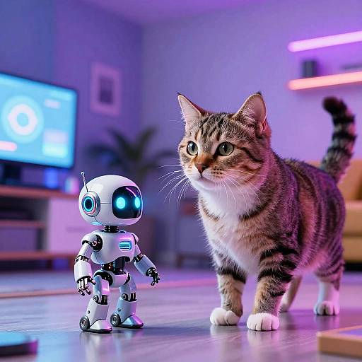 Whimsical AI Cat and Robot Scene