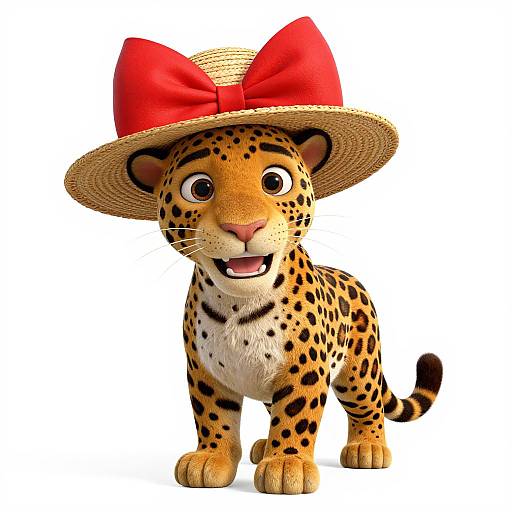 CGI cartoon cheetah with large red bow hat, smiling, yellow-orange fur with black spots, white underbelly, standing against white background
