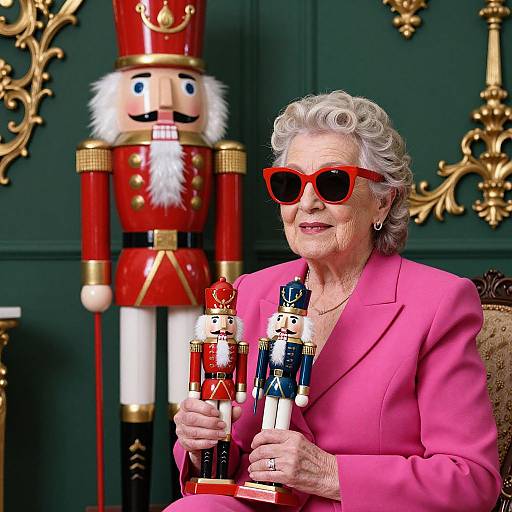 Photograph of an elderly white woman with curly gray hair, wearing a pink blazer, red sunglasses, holding two nutcrackers, in front of