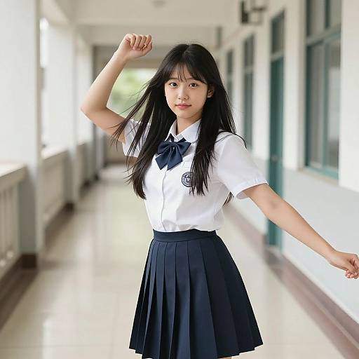 Photograph of an Asian teenage girl with long black hair, wearing a white shirt and black pleated skirt, posing in a bright, sunlit school