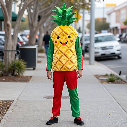 Photograph of person in pineapple costume with green arms, red pants, green and red shoes, standing on sidewalk in urban setting.