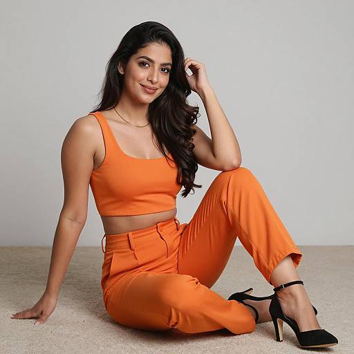 Woman in Orange Outfit Sitting on Carpet