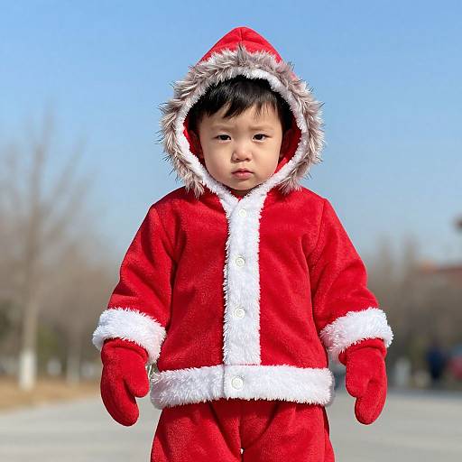 Photograph of an Asian toddler in a bright red Santa outfit with white fur trim, standing outdoors on a clear day.