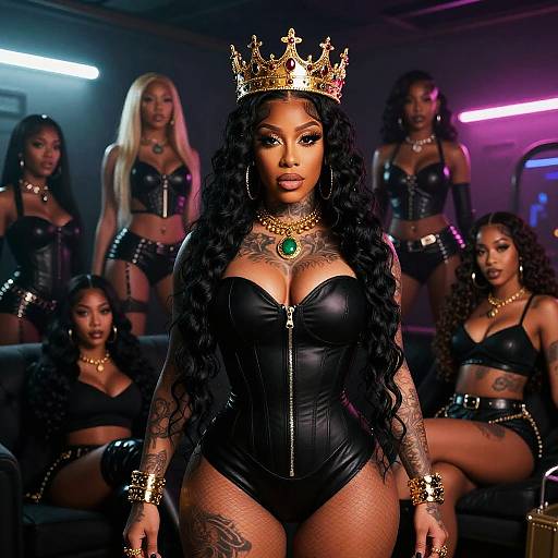Photograph of a confident Black woman with long curly hair, wearing a gold crown, black leather corset, and fishnet stockings, surrounded by seven