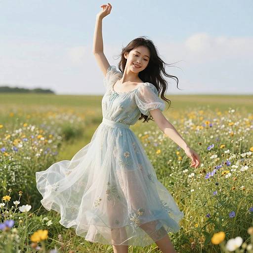 Photograph of an Asian woman with long black hair, wearing a light blue, floral-embellished, sheer dress, dancing joyfully in a