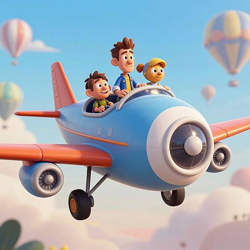 Cartoon-style image of three smiling children flying a blue and orange airplane with two propellers, set against a bright blue sky with colorful balloons.