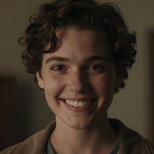 Photograph of a young man with curly brown hair, smiling, showing white teeth, wearing a brown jacket over a gray shirt, dimly lit background