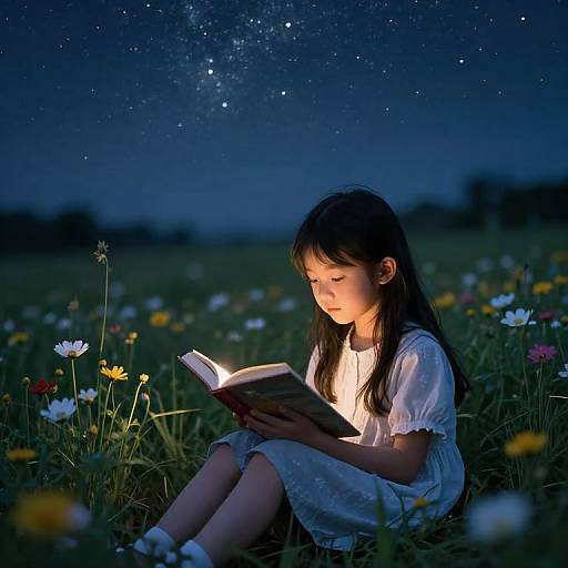 Photograph of a young girl with long brown hair, wearing a white dress, reading a book under a starry night sky in a field of colorful