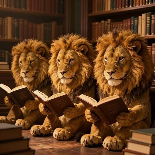 Photograph of three majestic lions with detailed manes, sitting in a dimly lit library, intently reading open books on a wooden floor.