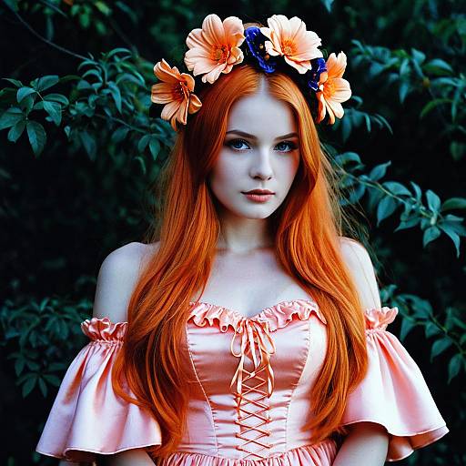 Red-haired Woman in Flower Crown and Pink Dress