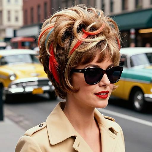 Photograph of a stylish woman with short, wavy blonde hair with red highlights, wearing black sunglasses and a beige coat, standing on a bustling city