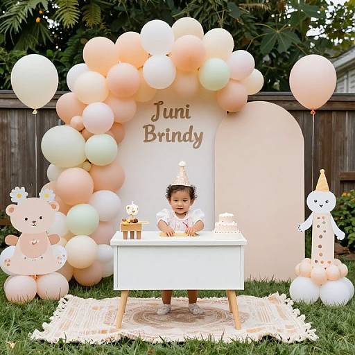 Photograph of a baby girl with dark hair, wearing a white hat and dress, sitting at a cake-decorated table under a pastel balloon