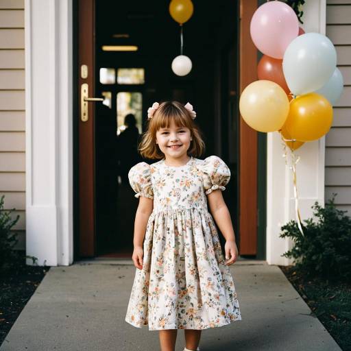 Smiling Toddler Girl in Floral Dress with Balloons
