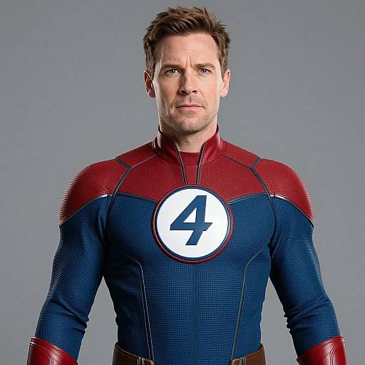 Photograph of a muscular, white man with short brown hair, wearing a tight, red and blue superhero suit with a white 