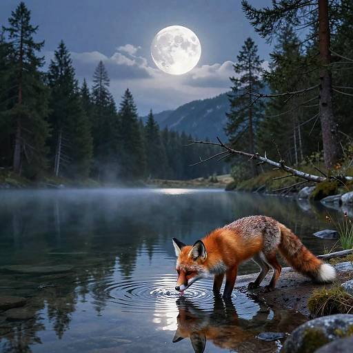 Photograph of a red fox drinking from a moonlit lake, surrounded by tall pine trees, with a bright full moon reflecting on the water's surface