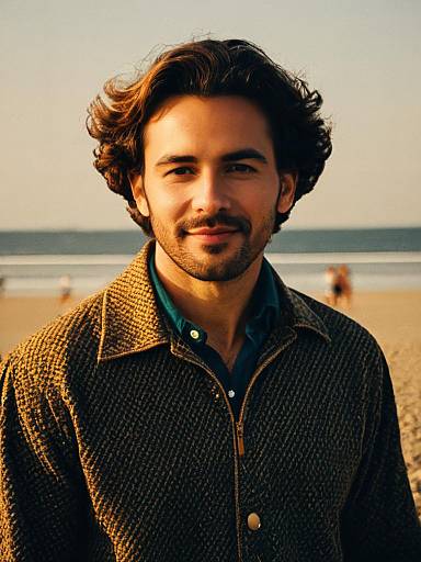 Smiling Man in Casual Coat at Beach