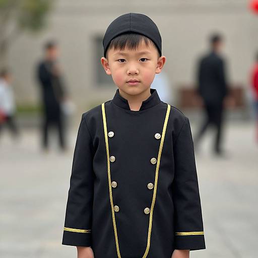 Photograph of a young Asian boy with short black hair, wearing a black double-breasted chef's coat with gold trim and buttons, standing outdoors in