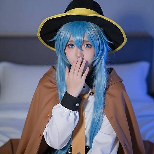 Person with Blue Hair Sitting on Bed