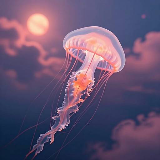 Photograph of a glowing pink and orange jellyfish with translucent tentacles, floating against a dark blue sky with a bright full moon and pink clouds.