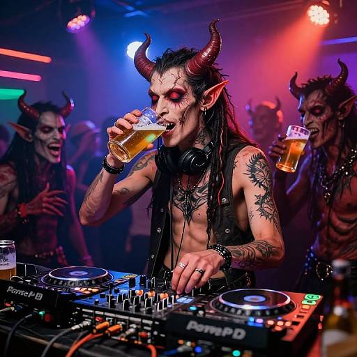 Photograph of a shirtless, tattooed, horned demon DJ with red eyes, drinking beer, mixing colorful lights, surrounded by cheering, horn