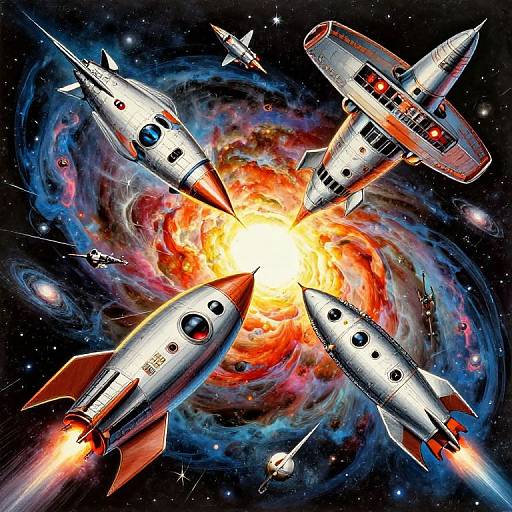 Photograph-style digital art: Four silver rockets with red fins and black nose cones, flying in a starburst pattern around a vibrant, swirling cosmic explosion