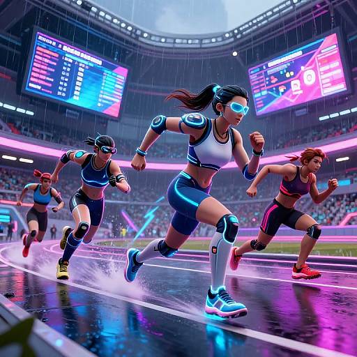 CGI image of four female runners in futuristic, neon-themed athletic gear, running in a rain-soaked stadium with large, illuminated scoreboards.
